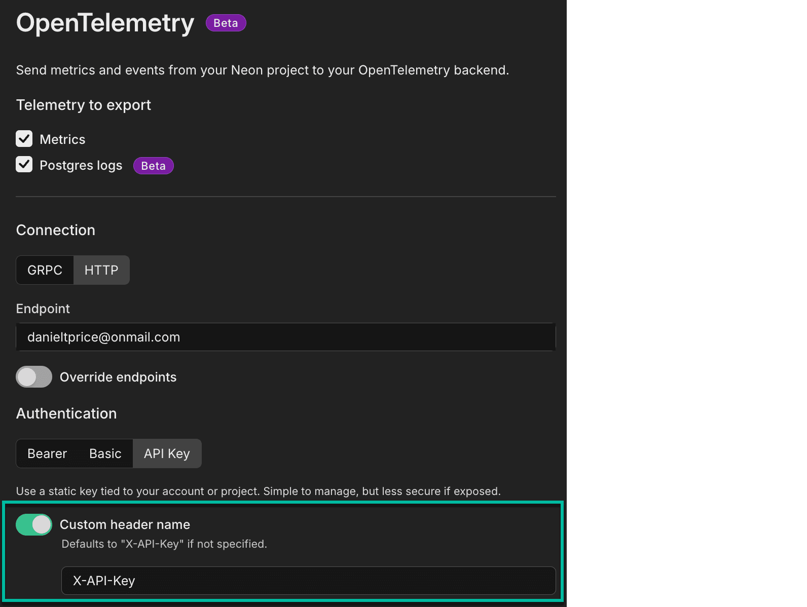 OpenTelemetry custom header name configuration